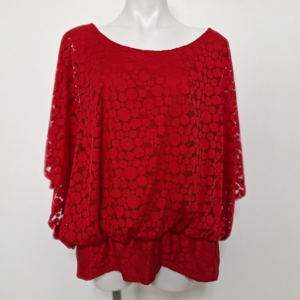 Valerie Stevens Romantic Feminine Red Lace Statement Wide Sleeve Blouse Size 2X - Picture 1 of 10
